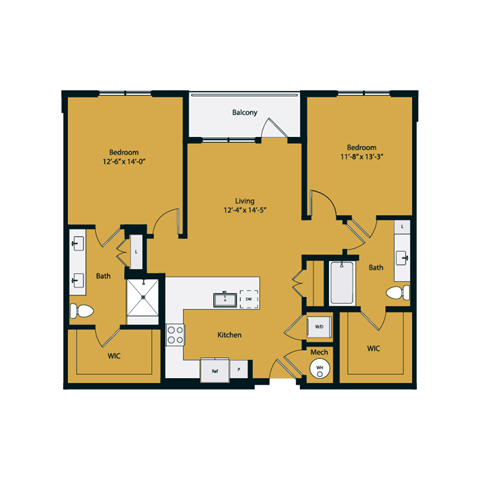 Floor plan for 2 beds, 2 baths, 1170 sqft